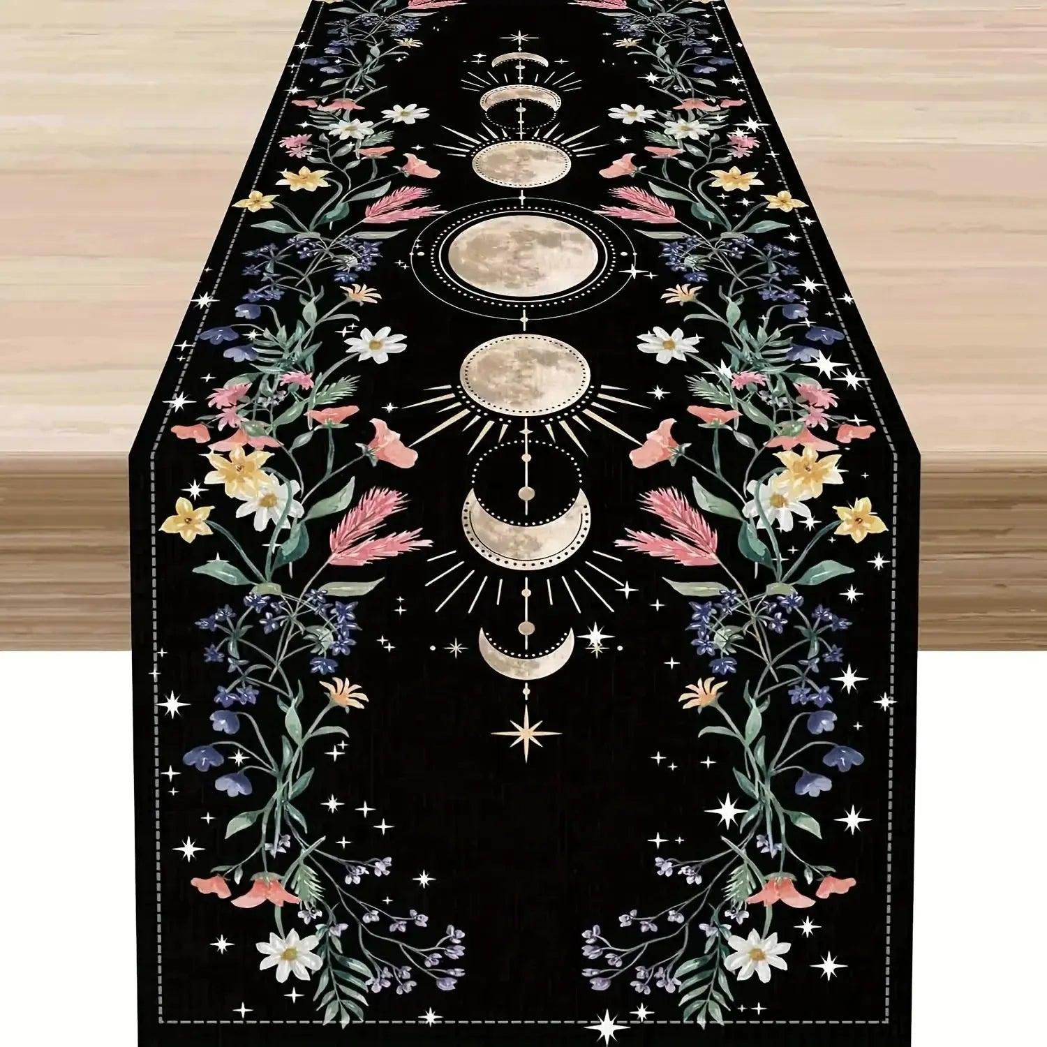 Mystical Moon Phase & Wild Floral Linen Table Runner - Lunar Cycle Table Runner Astrology Home Decor-MoonChildWorld
