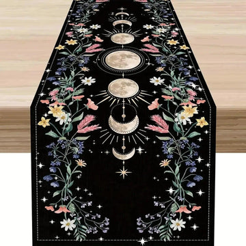 Mystical Moon Phase & Wild Floral Linen Table Runner - Lunar Cycle Table Runner Astrology Home Decor-MoonChildWorld