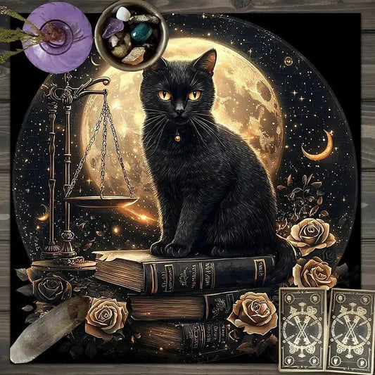 Mysterious Black Cat Tarot Tablecloth Wicca Cat Altar Cloth Witchcraft Cat & Moon Divination Cloth