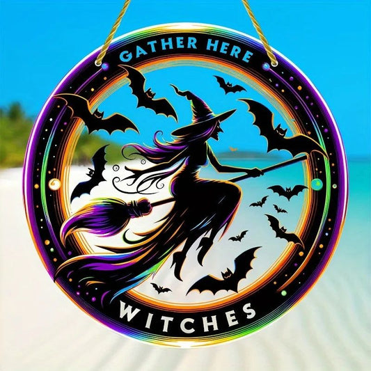 Dark Witch Suncatcher Halloween Acrylic Round Sign Gothic Home Decor