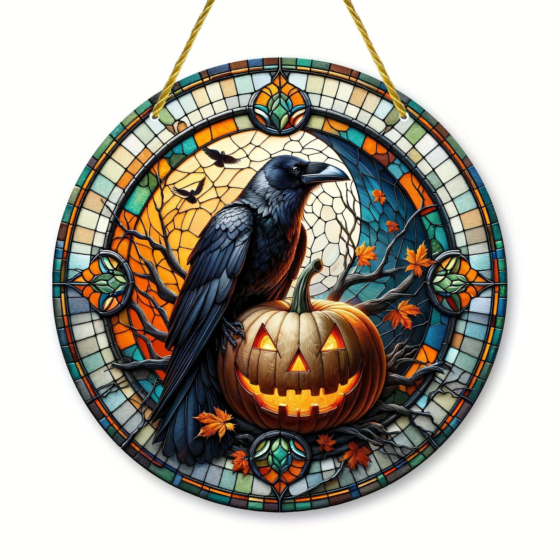 Pumpkin Raven Suncatcher Gothic Crow Acrylic Sign Halloween Decoration-MoonChildWorld