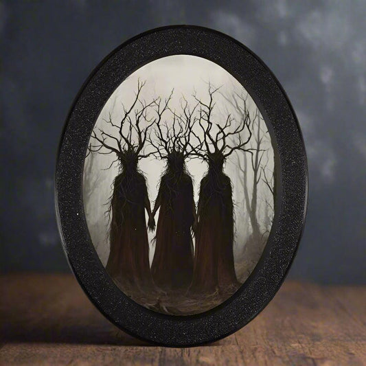Enchanted Forest Oval Frame Shadow Tree Painting - Gothic Horror Halloween Decoration