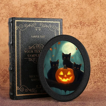 Pumpkin and Black Cats Wooden Oval Frame - Gothic Oval Wall Art - Spooky Halloween Wall Decoration