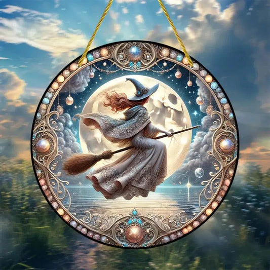 Full Moon and Flying Witch Window Ornament Mystical Suncatcher