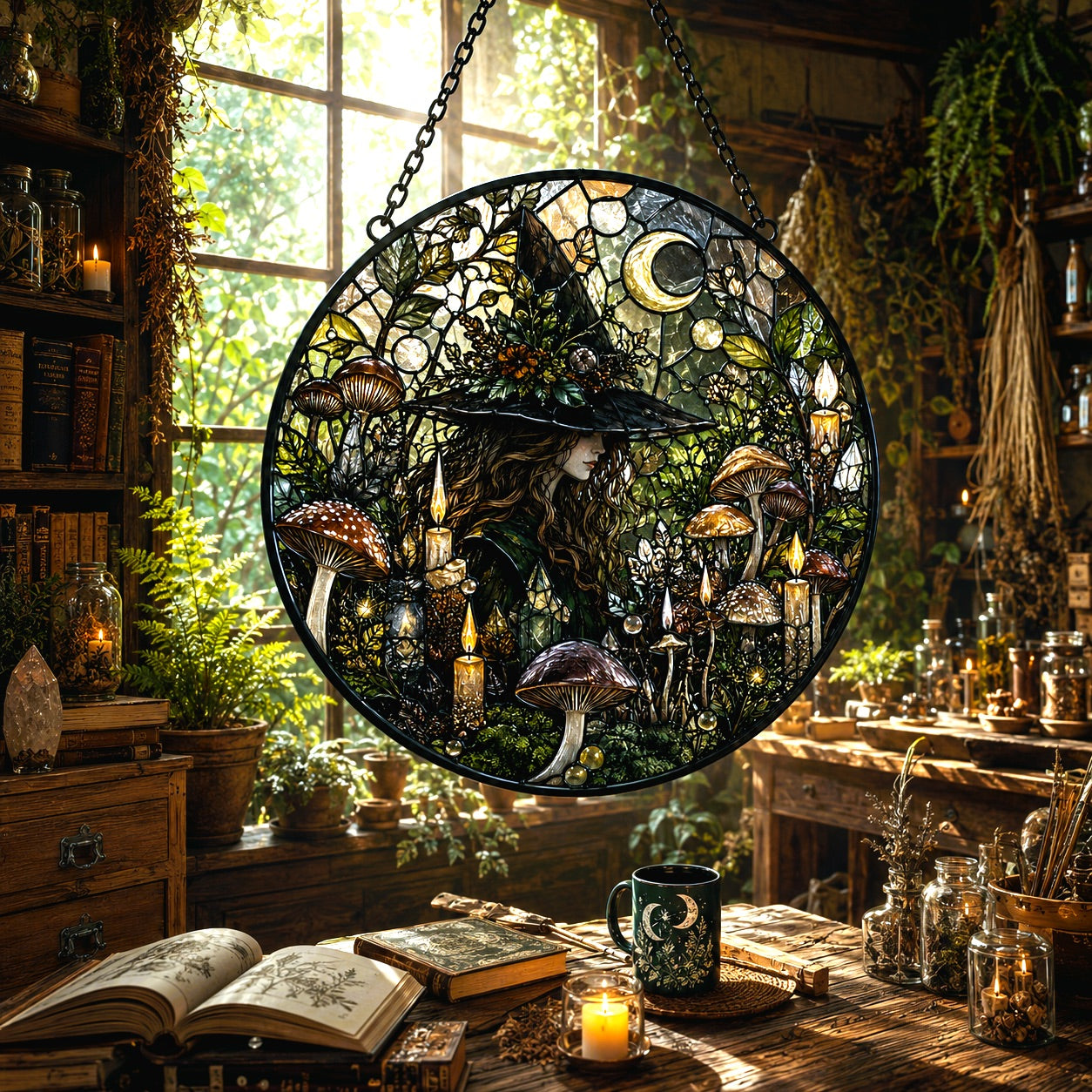 Secret Forest Witch Mushroom Moon Glass Suncatcher - sunlight glow