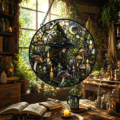 Secret Forest Witch Mushroom Moon Glass Suncatcher - sunlight glow