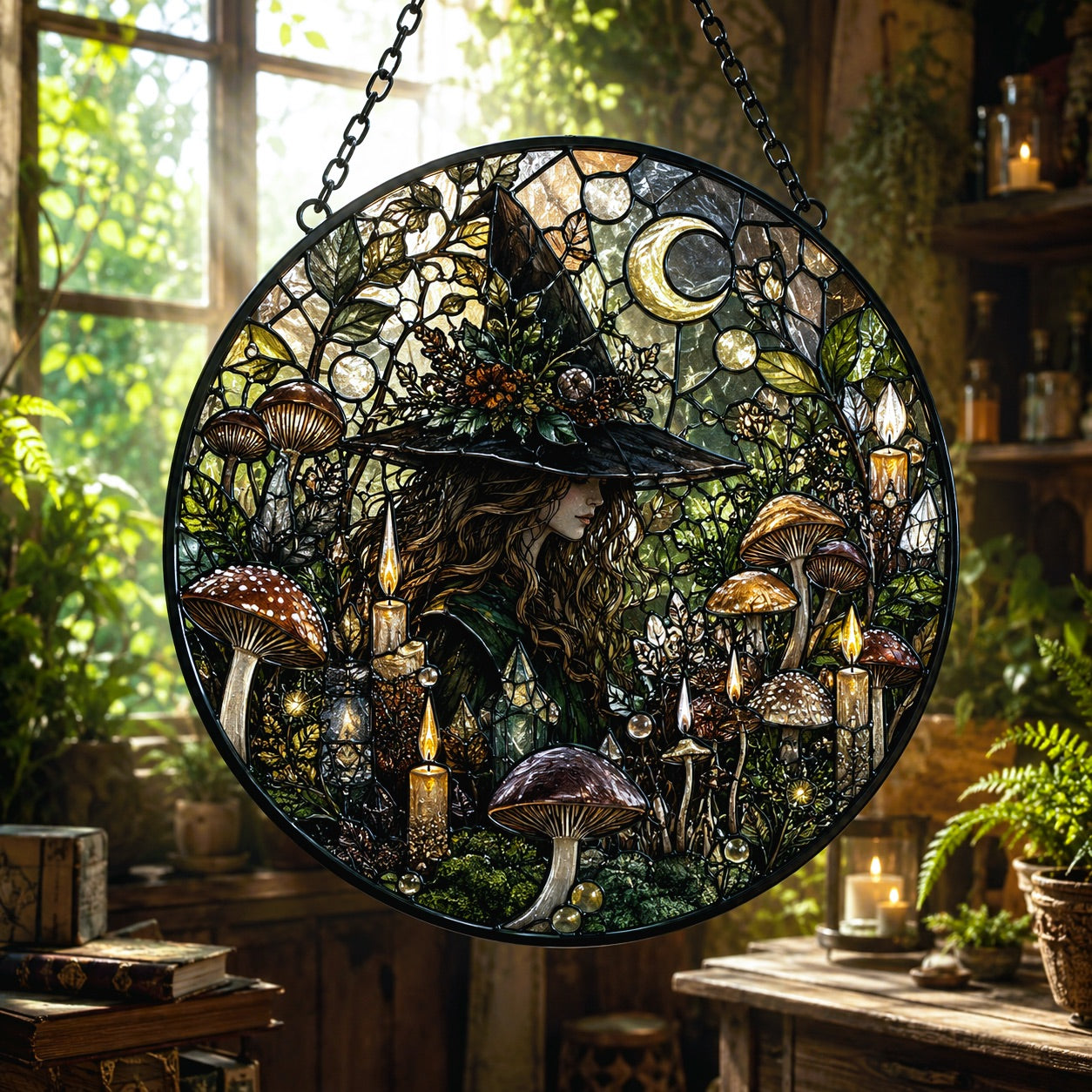 Secret Forest Witch Mushroom Moon Glass Suncatcher - window display