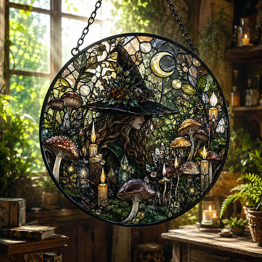 Secret Forest Witch Mushroom Moon Glass Suncatcher - window display