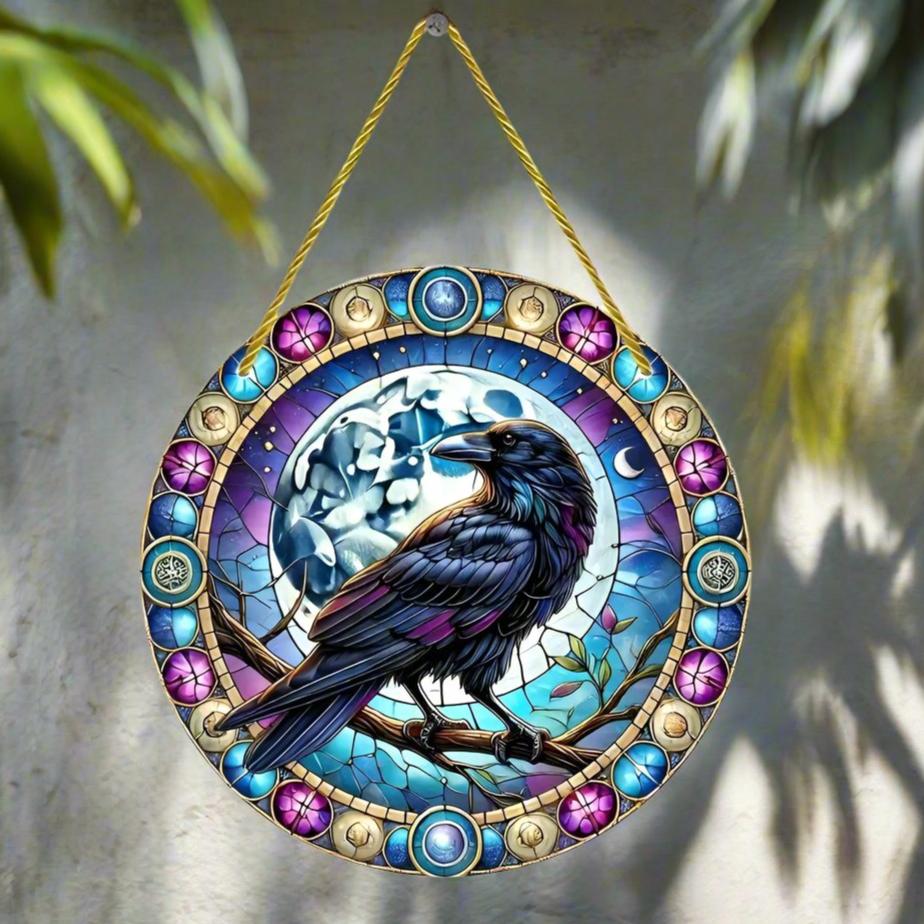 Moon Raven Suncatcher Halloween Crow Window Hanging Gothic Crow Suncatcher-MoonChildWorld