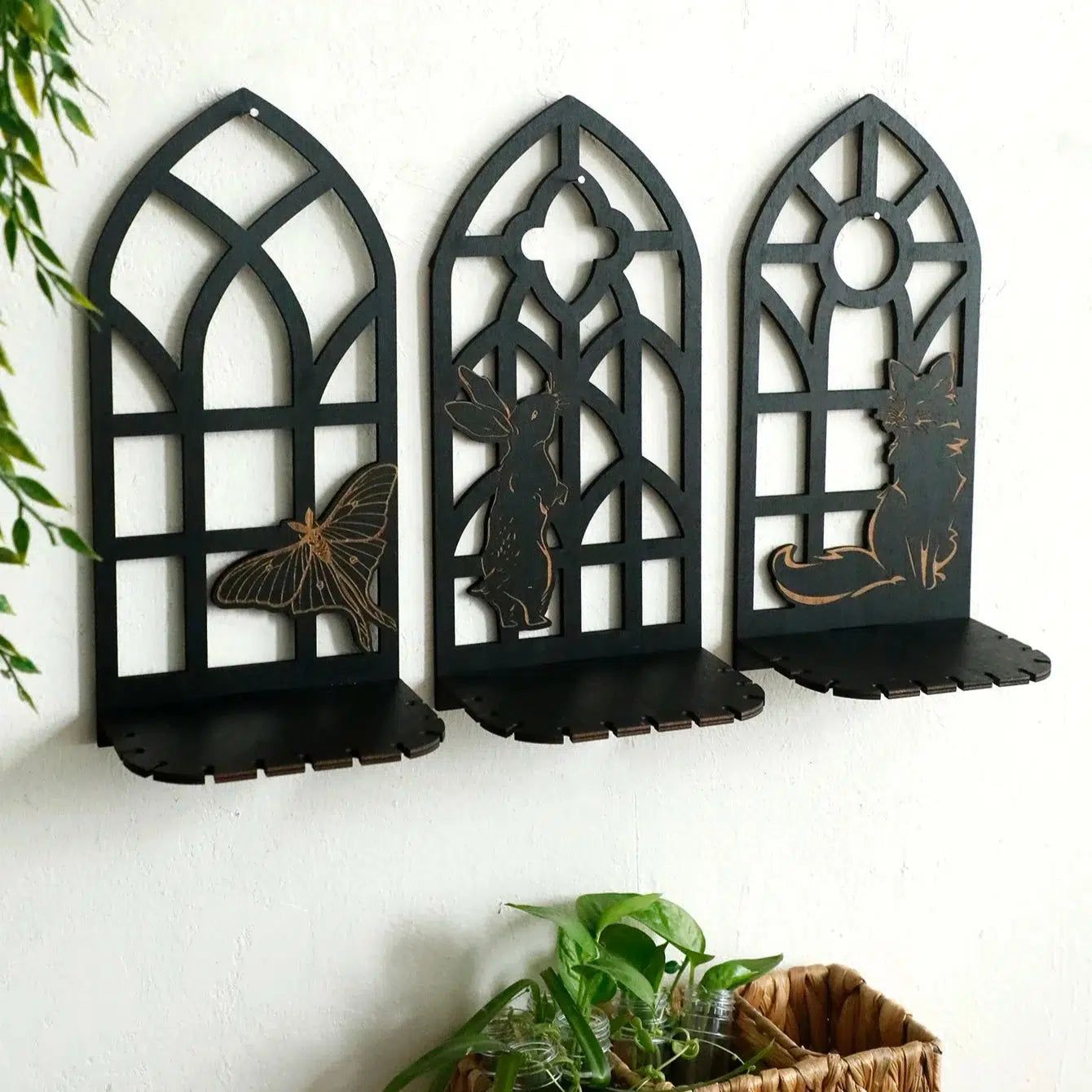 Wicca Wooden Wall Shelves Gothic Crystal Shelves with Tea Light Candle Holders Spiritual Home Decor-MoonChildWorld