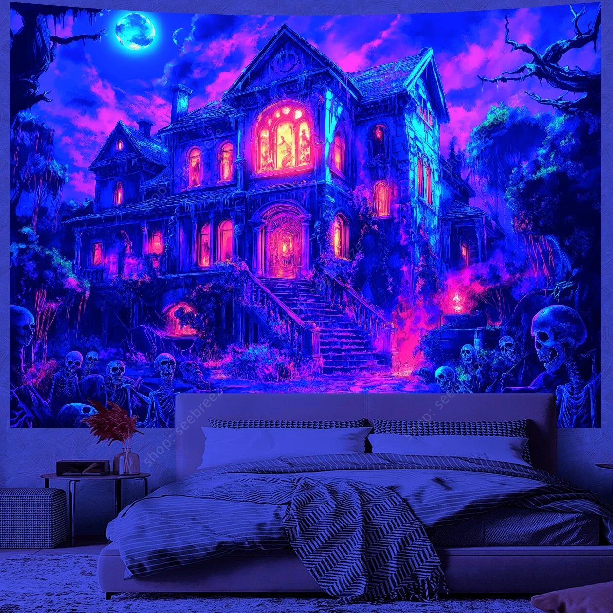 Gothic Haunted House UV Reactive Tapestry for Halloween Wall Decor-MoonChildWorld