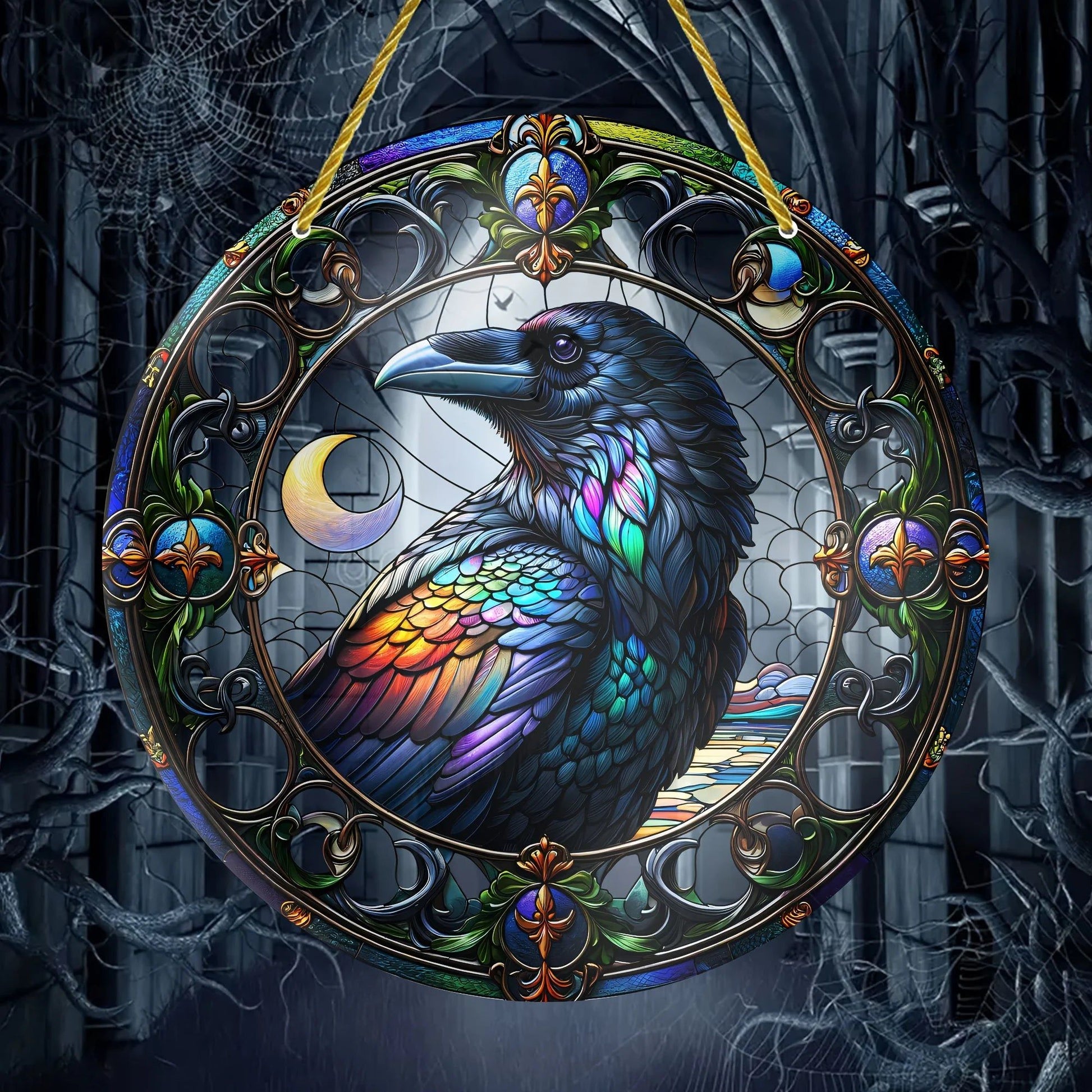 Dark Crow Suncatcher Gothic Raven Acrylic Round Sign-MoonChildWorld