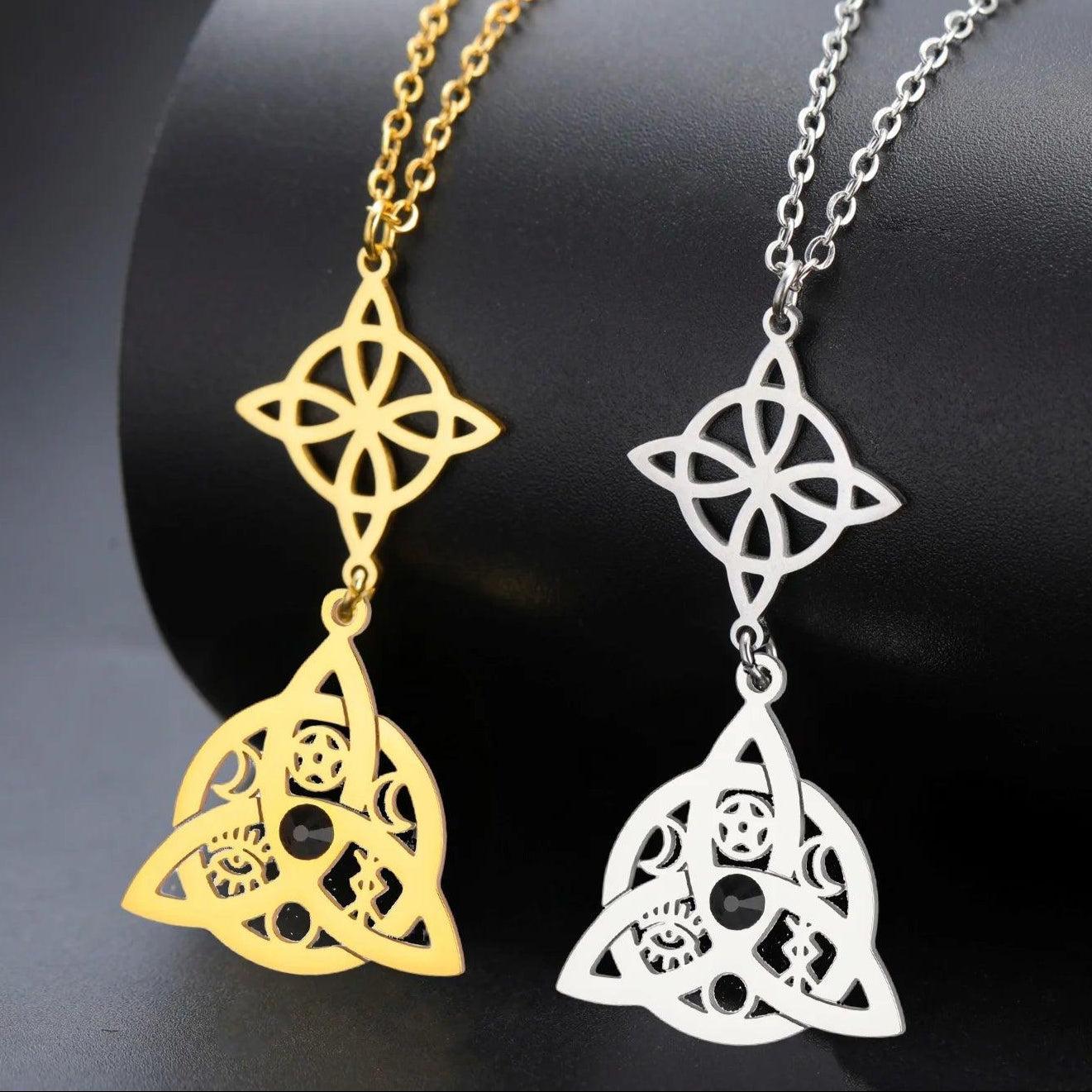 Witch Knot with Black Ziron Necklace Irish Celtic Trinity Witchcraft Pagan Jewelry-MoonChildWorld