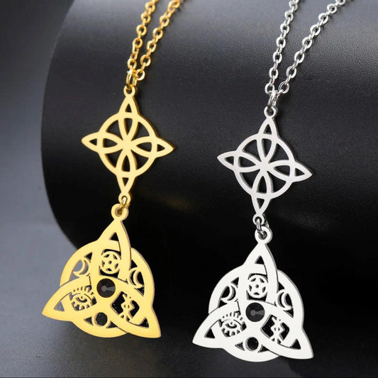 Witch Knot with Black Ziron Necklace Irish Celtic Trinity Witchcraft Pagan Jewelry