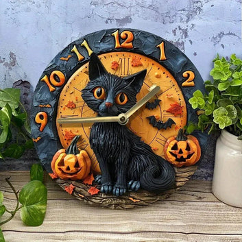 Spooky black cat wooden wall clock for Halloween decor