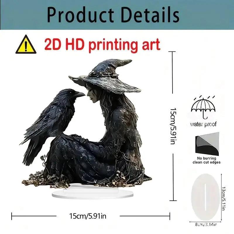 Halloween Desk Decor 2D Acrylic Table Ornament - Gothic Witch and Crow Ornament for Halloween-MoonChildWorld