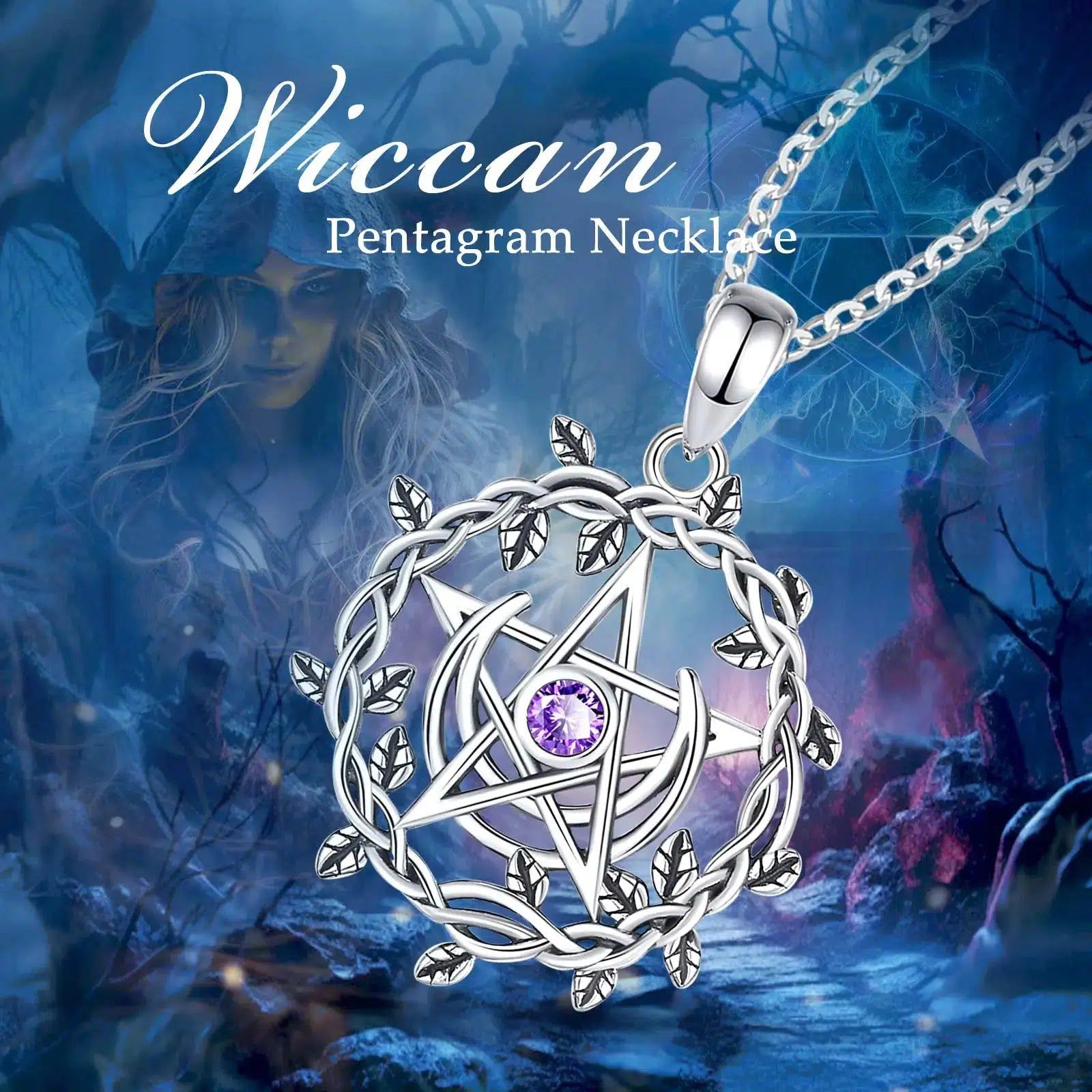 Witch Moon Pentacle Necklace Olive Leaf Moon Wicca Jewelry-MoonChildWorld