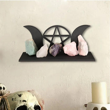 Wicca Triple Moon and Pentagram Crystal Shelf for Witch Home Decor