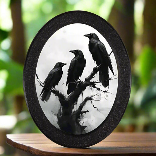 Dark Crows Wall Art - Witchy Black Ravens Gothic Wooden Oval Frame Halloween Wall Decoration