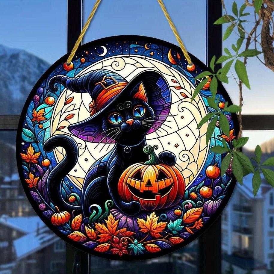 Black Cat Halloween Suncatcher Occult Acrylic Round Sign Gothic Decor-MoonChildWorld