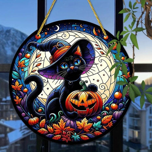 Black Cat Halloween Suncatcher Occult Acrylic Round Sign Gothic Decor