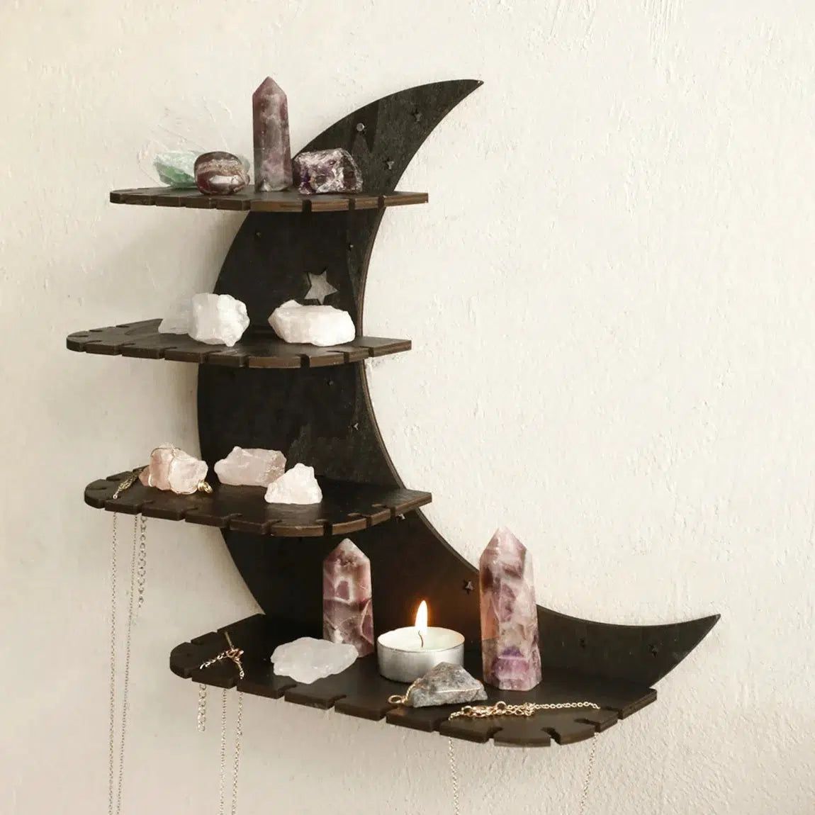 Crescent Moon Wall Shelf Wicca Wooden Shelf for Crystals, Essential Oils-MoonChildWorld