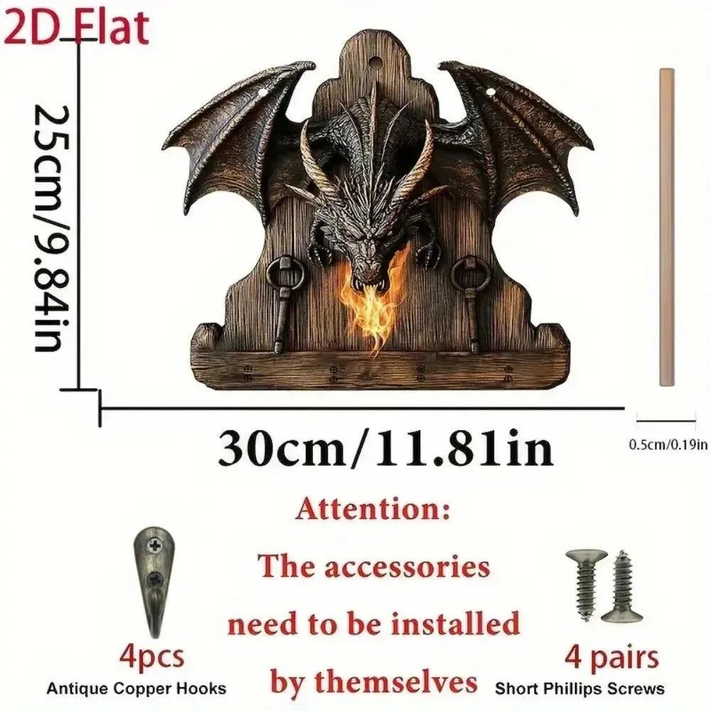 2D Fire Dragon Wooden Key Holder with Four Metal Hooks-MoonChildWorld