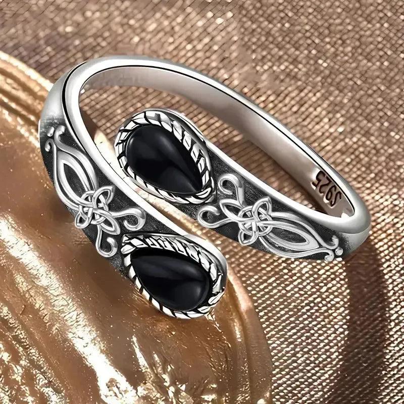 Black Onyx and Moonstone Ring Celtic Witch Ring Wicca Jewelry-MoonChildWorld