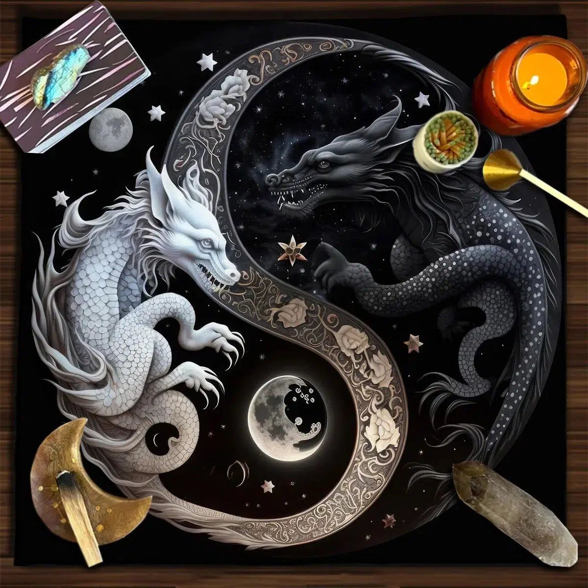 Yin Yang Dragon Tarot Tablecloth Wicca Altar Cloth-MoonChildWorld