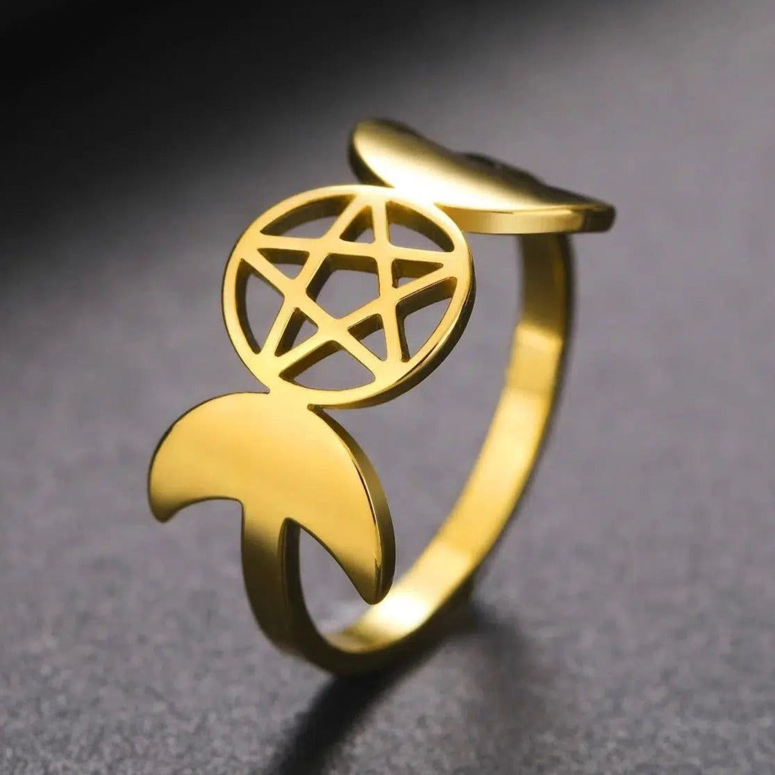 Pentagram Triple Moon Ring Wiccan Jewelry-MoonChildWorld