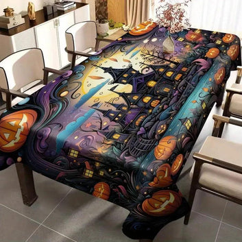 Pumpkin and Gothic Castle Spooky Tablecloth for Witch Halloween Home Decor
