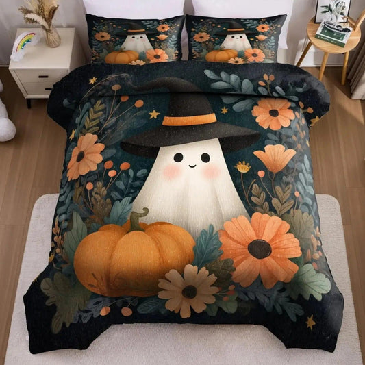 Spooky Pumpkin Ghost Duvet Cover Set Halloween Bedding Set Witch Home Decor