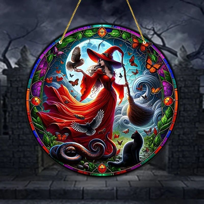 Gothic Witch Suncatcher Halloween Acrylic Round Sign-MoonChildWorld