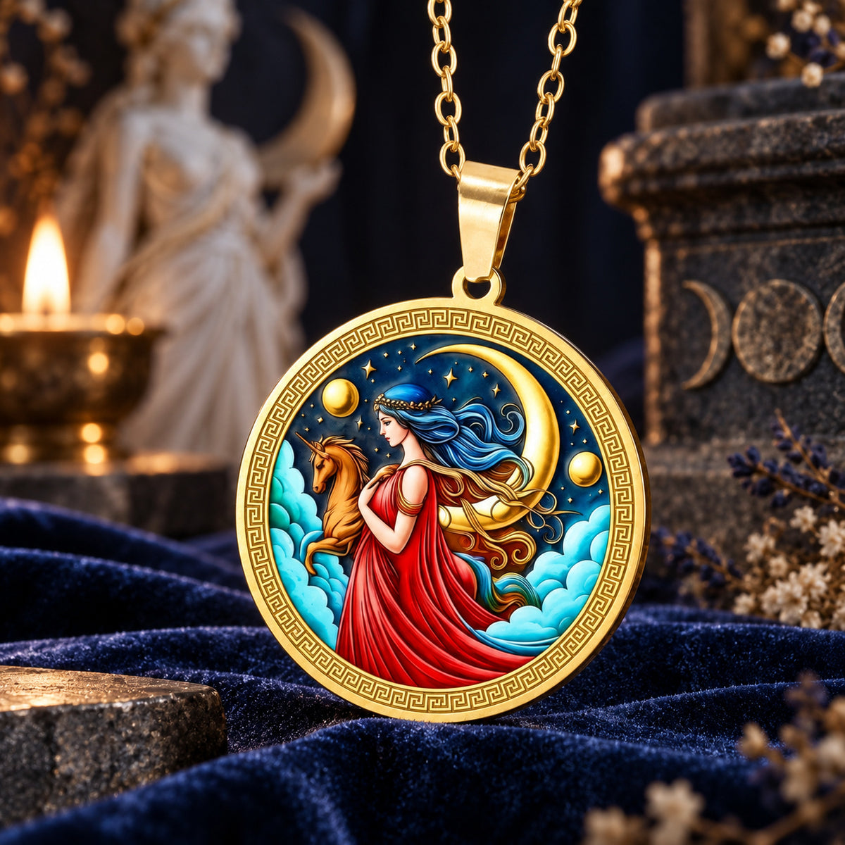 Selene Moon Goddess Unicorn Necklace — ritual scene detail 2