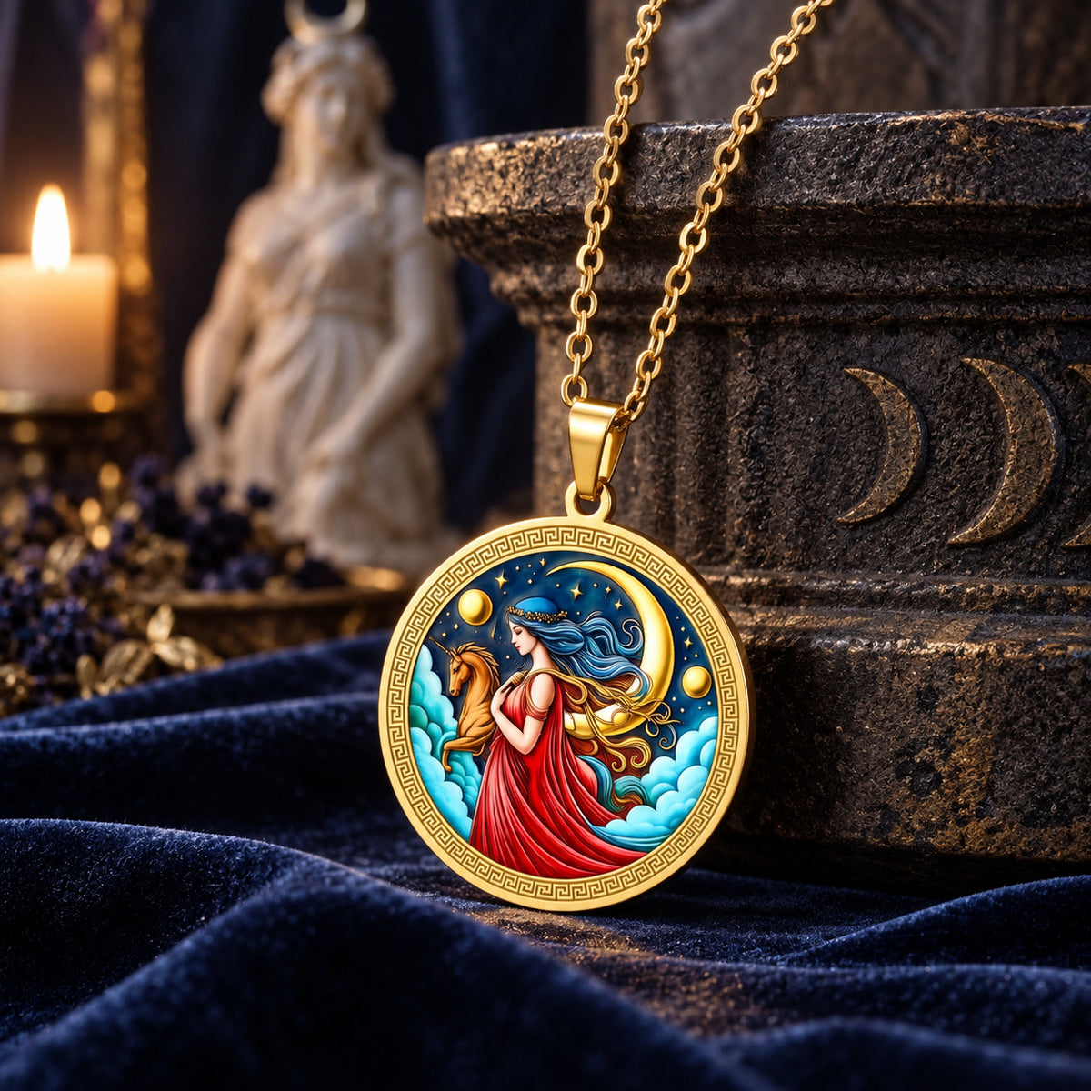 Selene Moon Goddess Unicorn Necklace — ritual scene detail 3