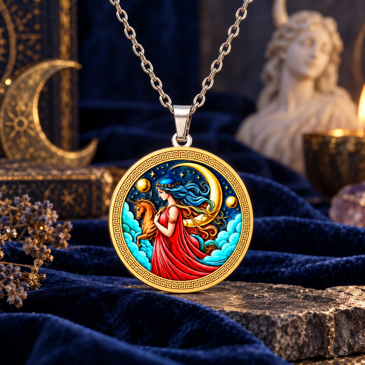 Selene Moon Goddess Unicorn Necklace — ritual scene detail 5