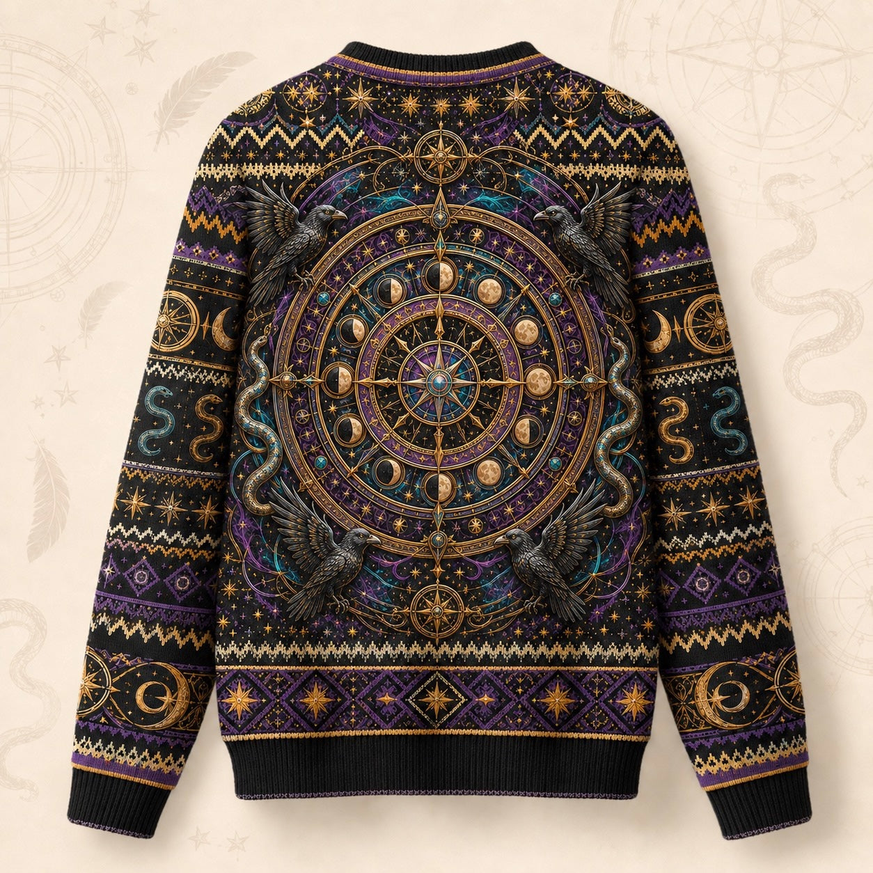Serpent Arch Witch Sweater Zodiac Wheel Gold Teal Knit back view