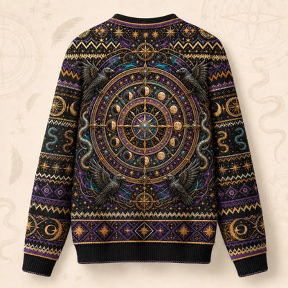 Serpent Arch Witch Sweater Zodiac Wheel Gold Teal Knit back view