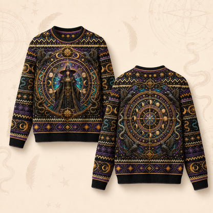 Serpent Arch Witch Sweater Zodiac Wheel Gold Teal Knit front and back together
