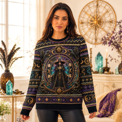 Serpent Arch Witch Sweater Zodiac Wheel Gold Teal Knit worn, front view