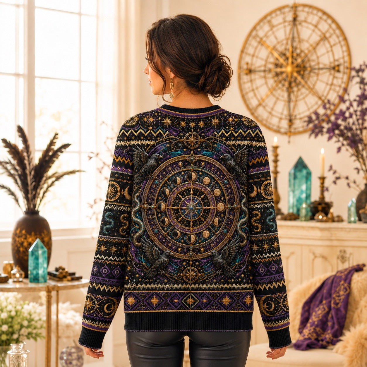 Serpent Arch Witch Sweater Zodiac Wheel Gold Teal Knit worn, back view