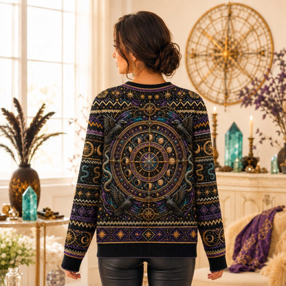 Serpent Arch Witch Sweater Zodiac Wheel Gold Teal Knit worn, back view
