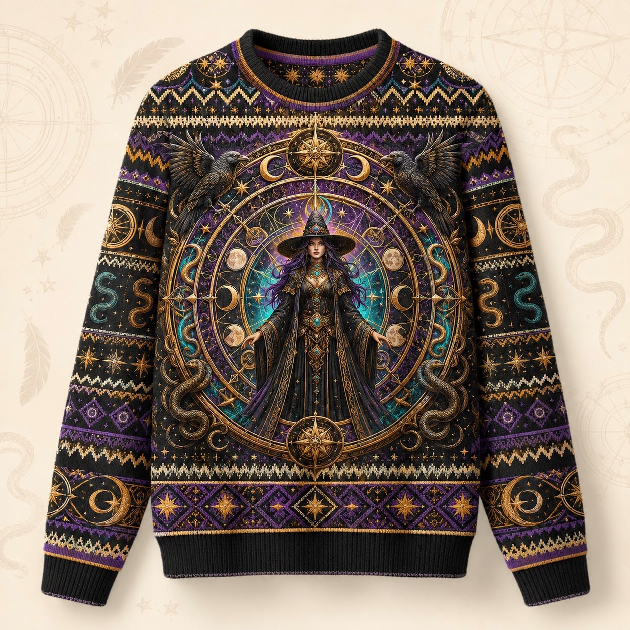 Serpent Arch Witch Sweater Zodiac Wheel Gold Teal Knit front view