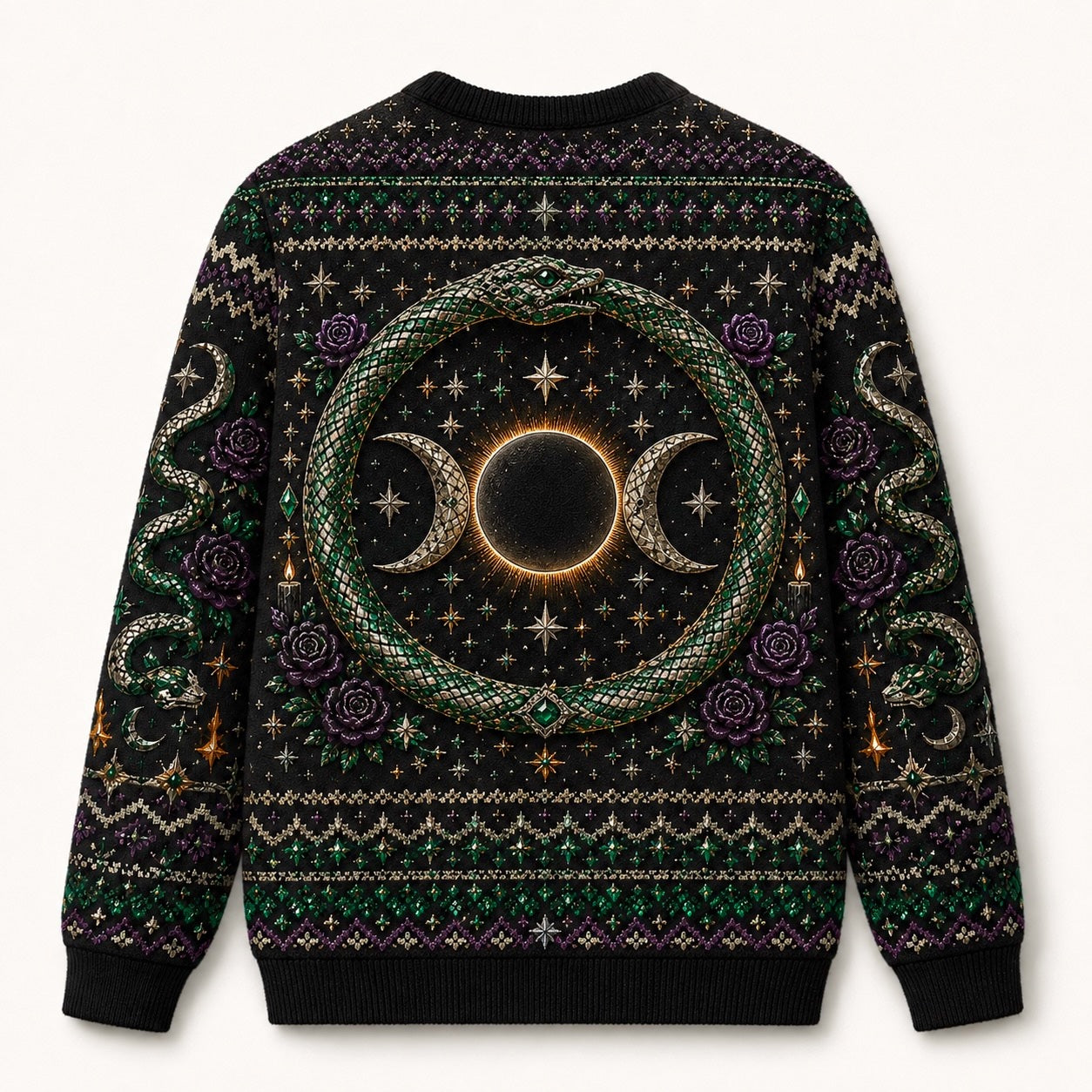 Serpent Circle Witch Sweater Ouroboros Triple Moon Green Knit back view