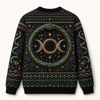 Serpent Circle Witch Sweater Ouroboros Triple Moon Green Knit back view