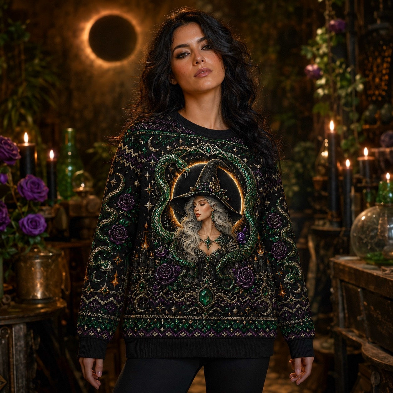 Serpent Circle Witch Sweater Ouroboros Triple Moon Green Knit worn, front view