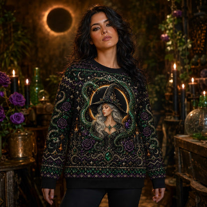 Serpent Circle Witch Sweater Ouroboros Triple Moon Green Knit worn, front view