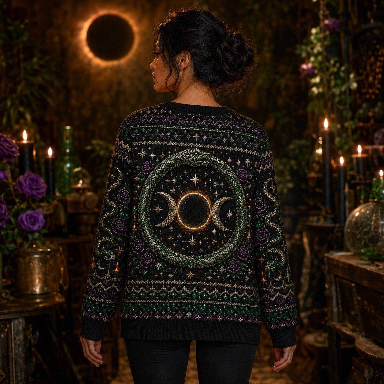 Serpent Circle Witch Sweater Ouroboros Triple Moon Green Knit worn, back view