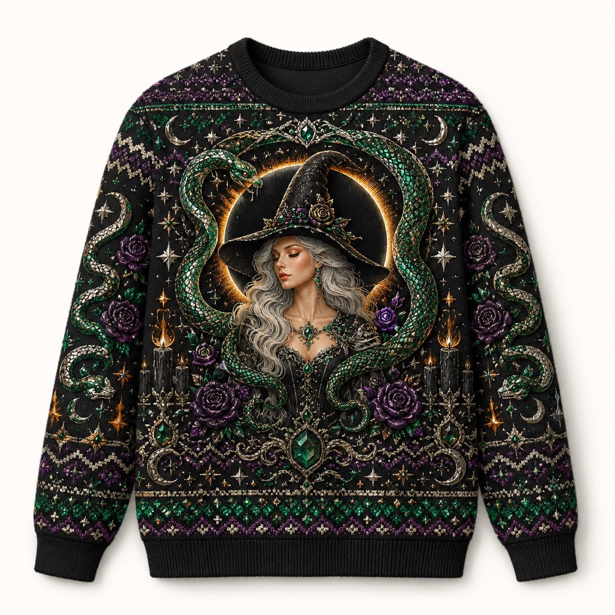 Serpent Circle Witch Sweater Ouroboros Triple Moon Green Knit front view