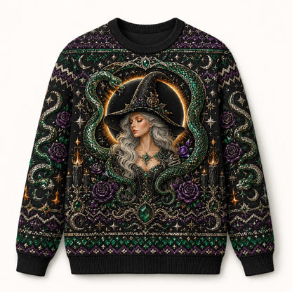 Serpent Circle Witch Sweater Ouroboros Triple Moon Green Knit front view